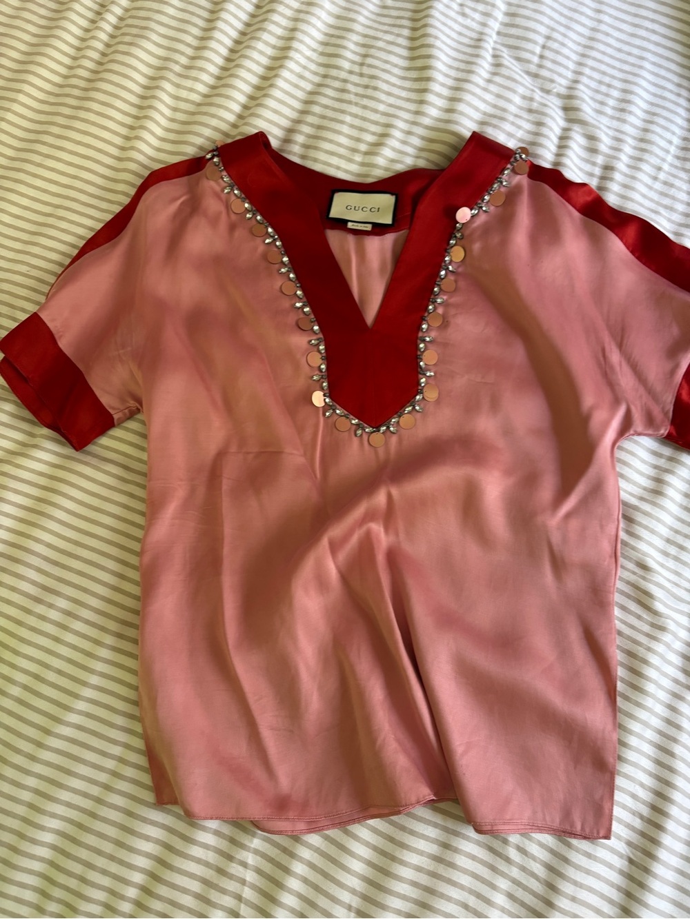 Gucci Pink Silk Tunic with Red V-Neck and Sequin Embellishment